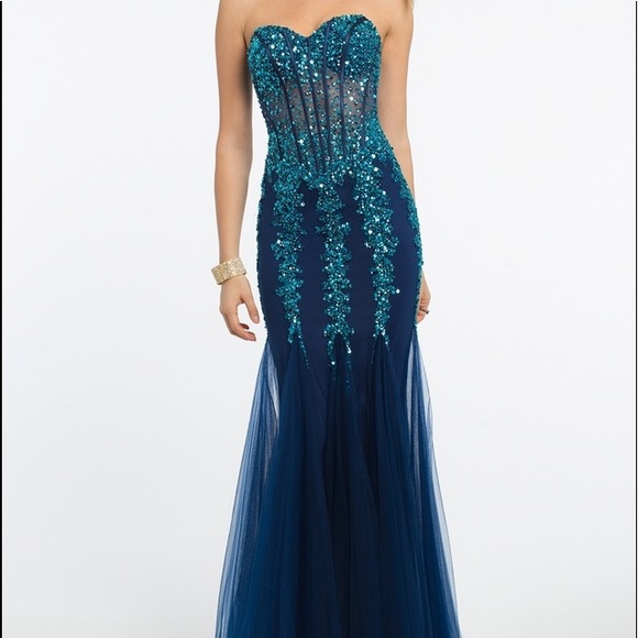 Camille La Vie Blue Corset Prom Dress Size 4 - Picture 3 of 5